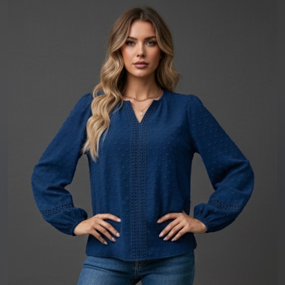Swiss Dot Guipure Lace Insert Lantern Sleeve Blouse Blue